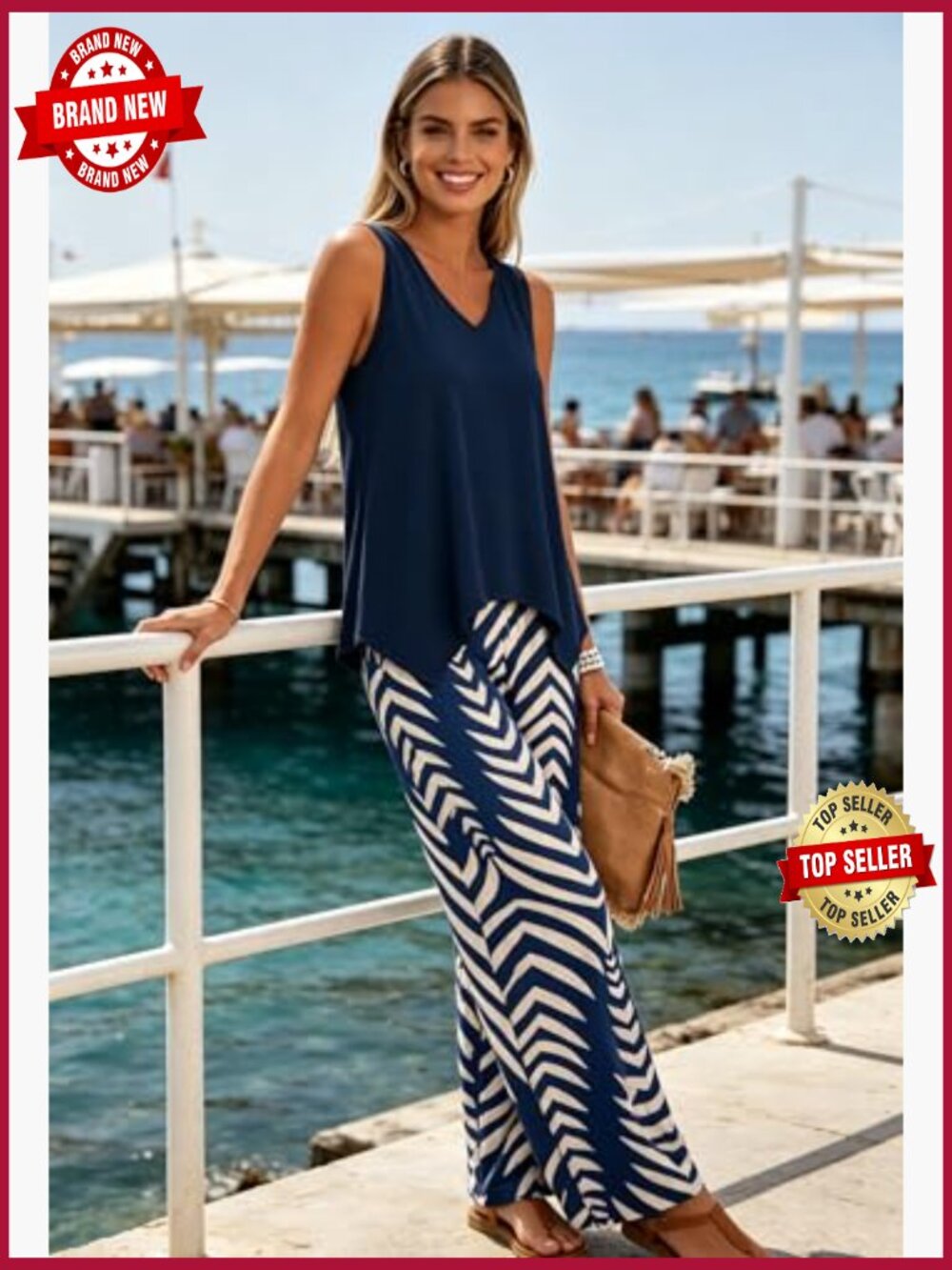 Two Piece Lounge Set Sleeveless Wide Leg Pants Set Summer Cruise Vacation - Picture 4 of 7